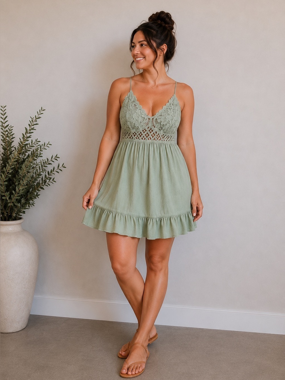 NWT Lace and Ruffled Slip Mini Sundress in Sage Green Size 2X